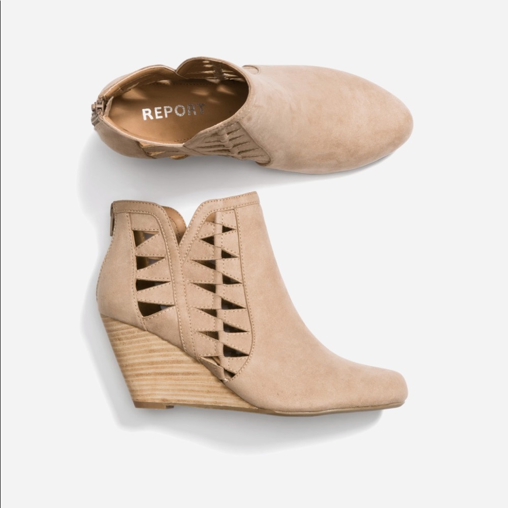 Report footwear. Faux leather wedge booties